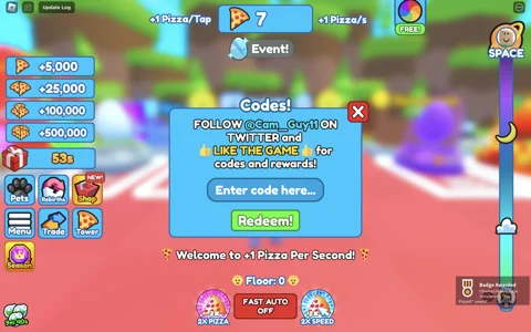 1 Pizza Per Second how to redeem codes