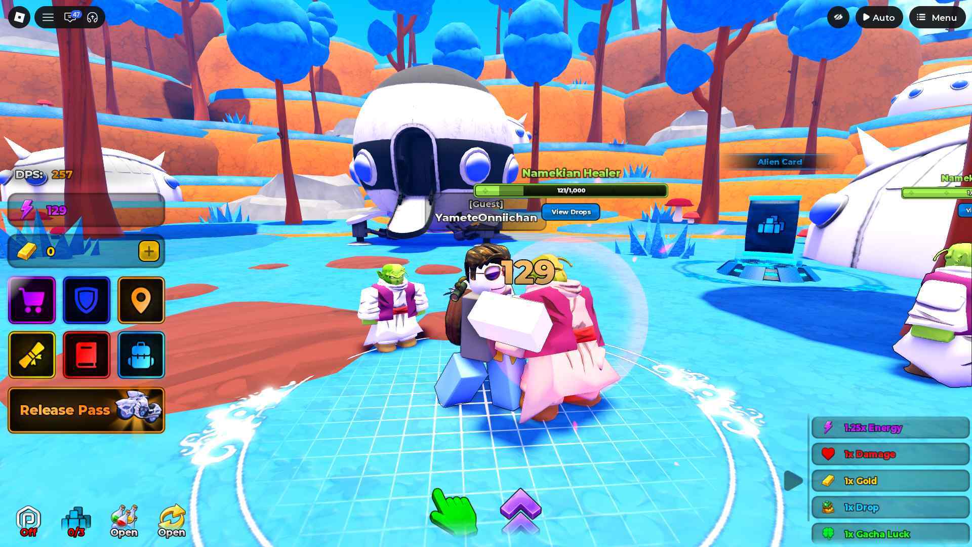 Anime Breaker gameplay and multiplier interface Anime Breaker gameplay interface showing a character in the game world and energy and damage multipliers
