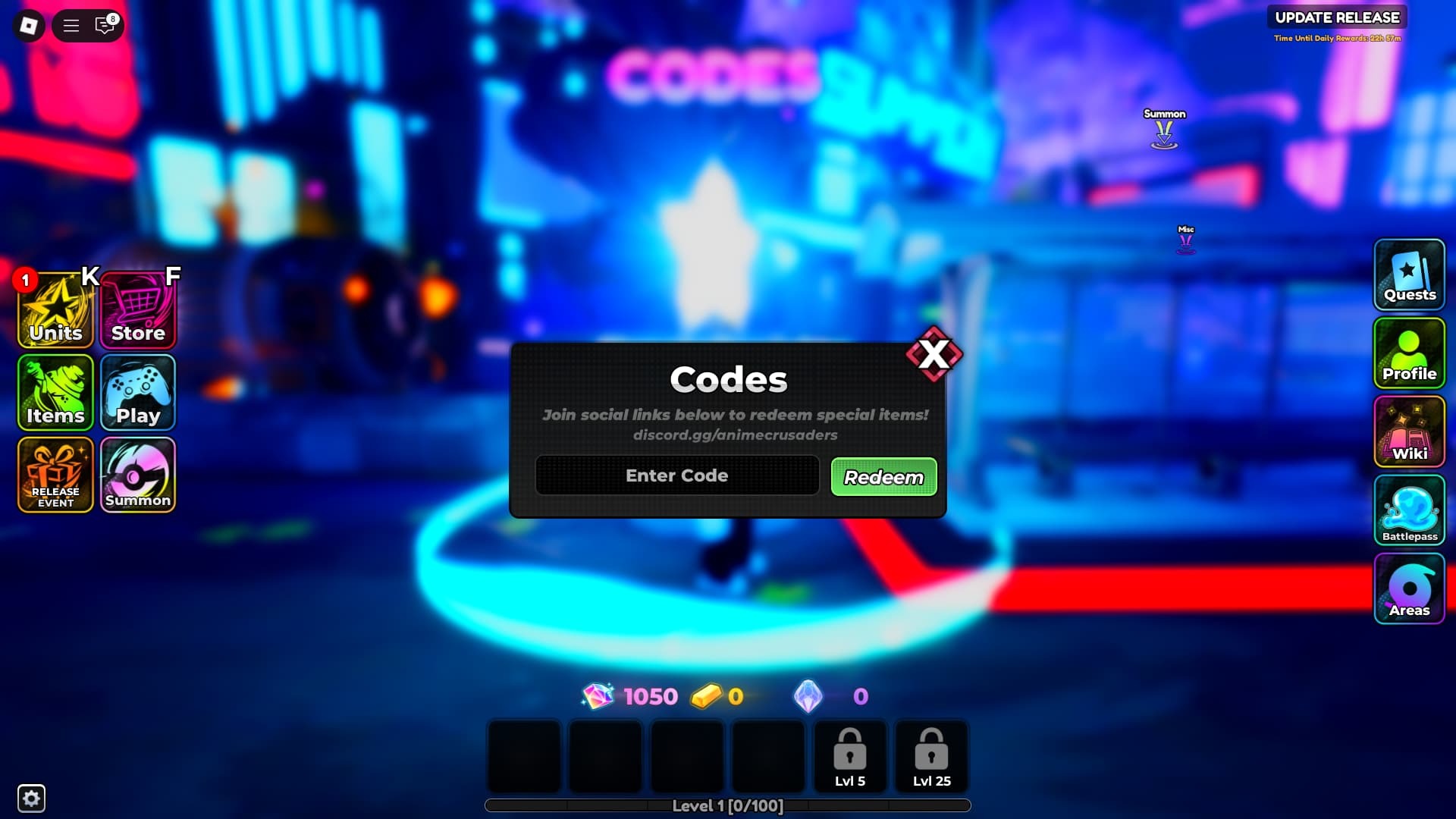 Anime Crusaders codes redeem menu
