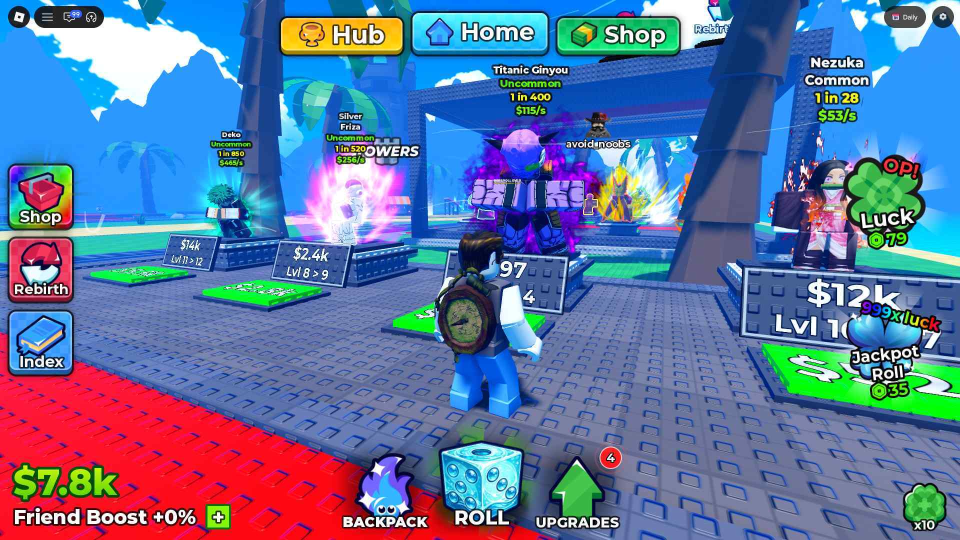 Anime Dice gameplay and Shop interface Anime Dice Roblox gameplay interface showing characters, the Shop menu and dice progression