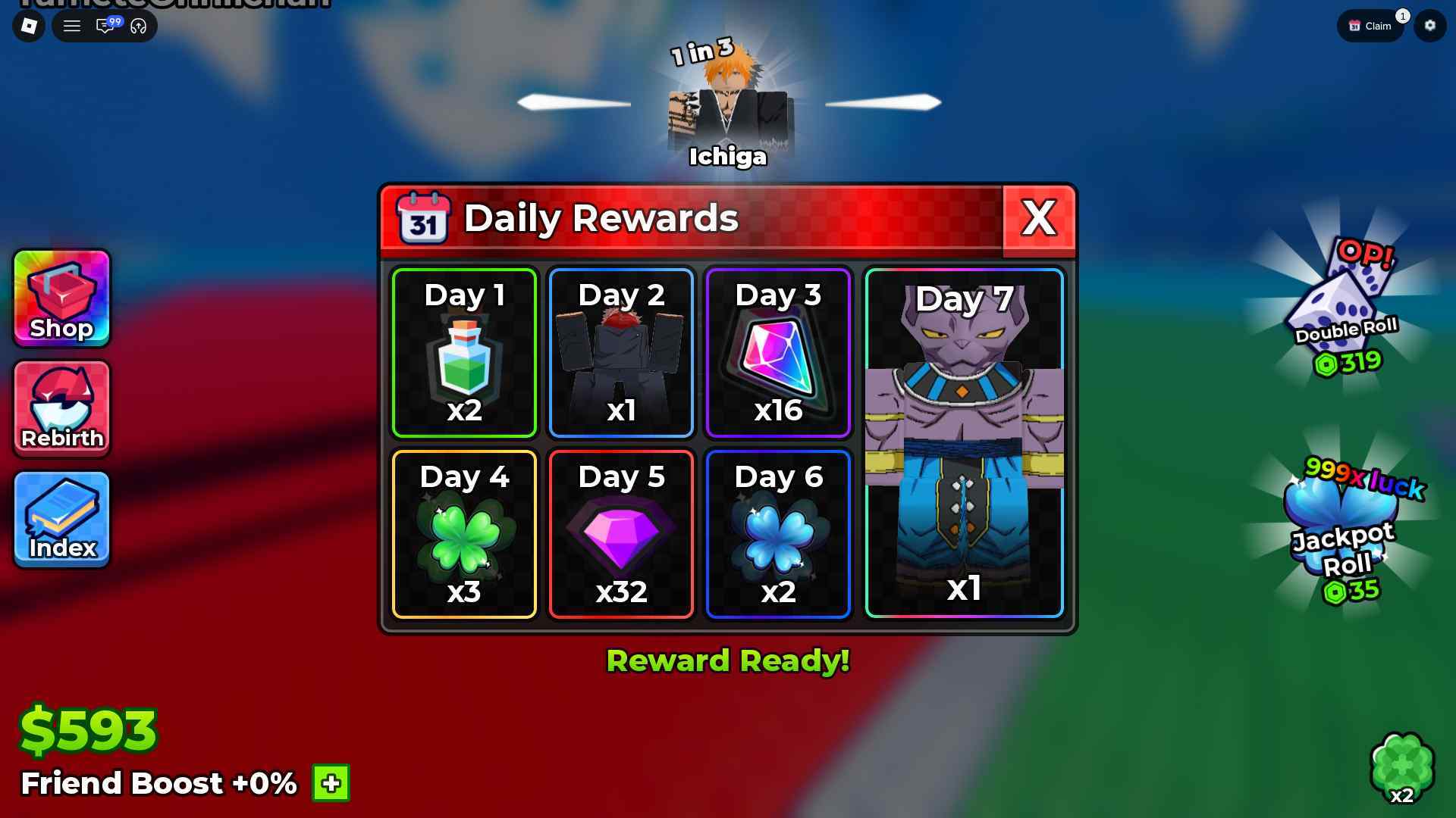 Anime Dice daily rewards interface Anime Dice daily rewards menu showing a seven-day reward panel