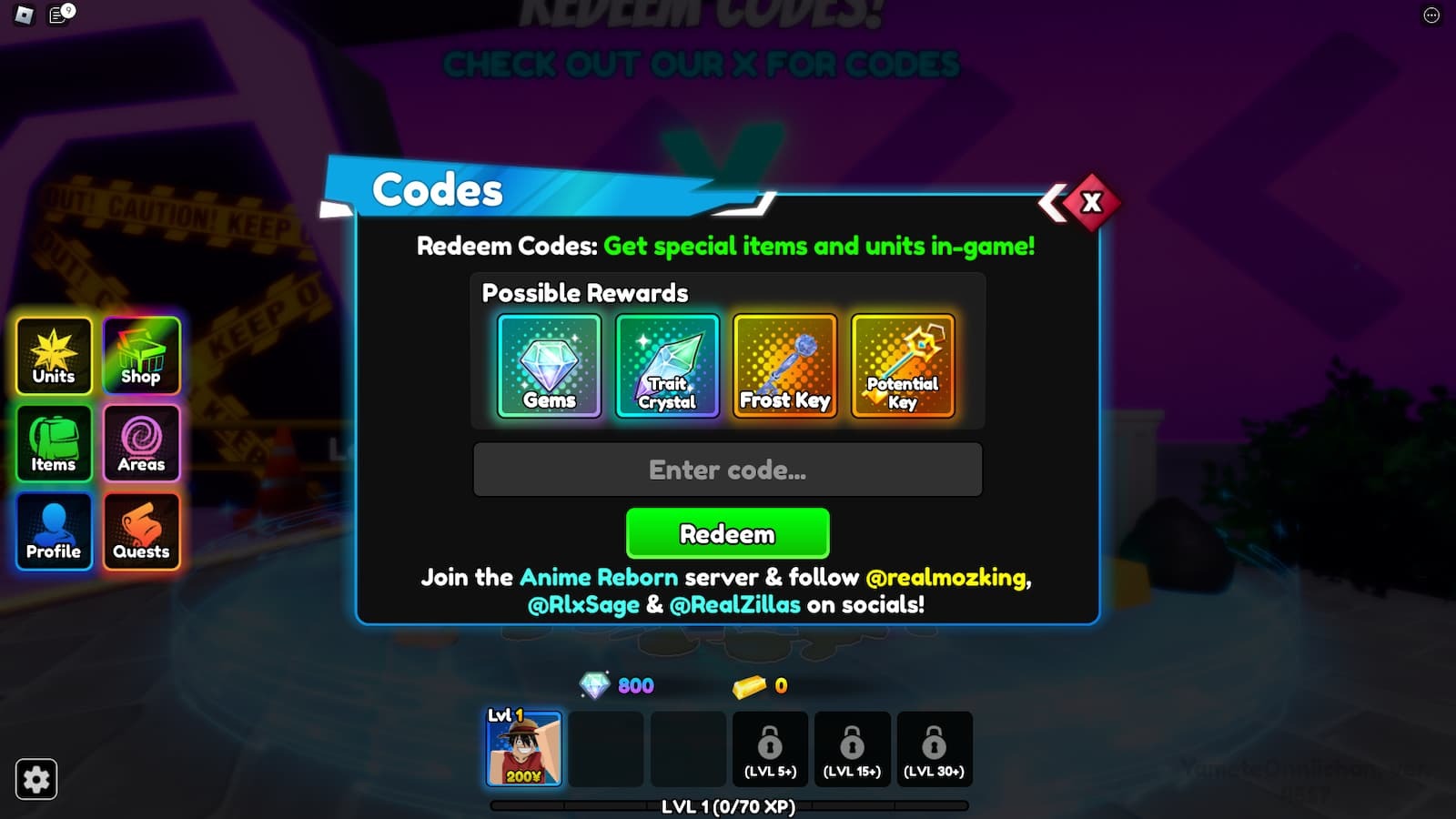 Anime Reborn Redeem Code option