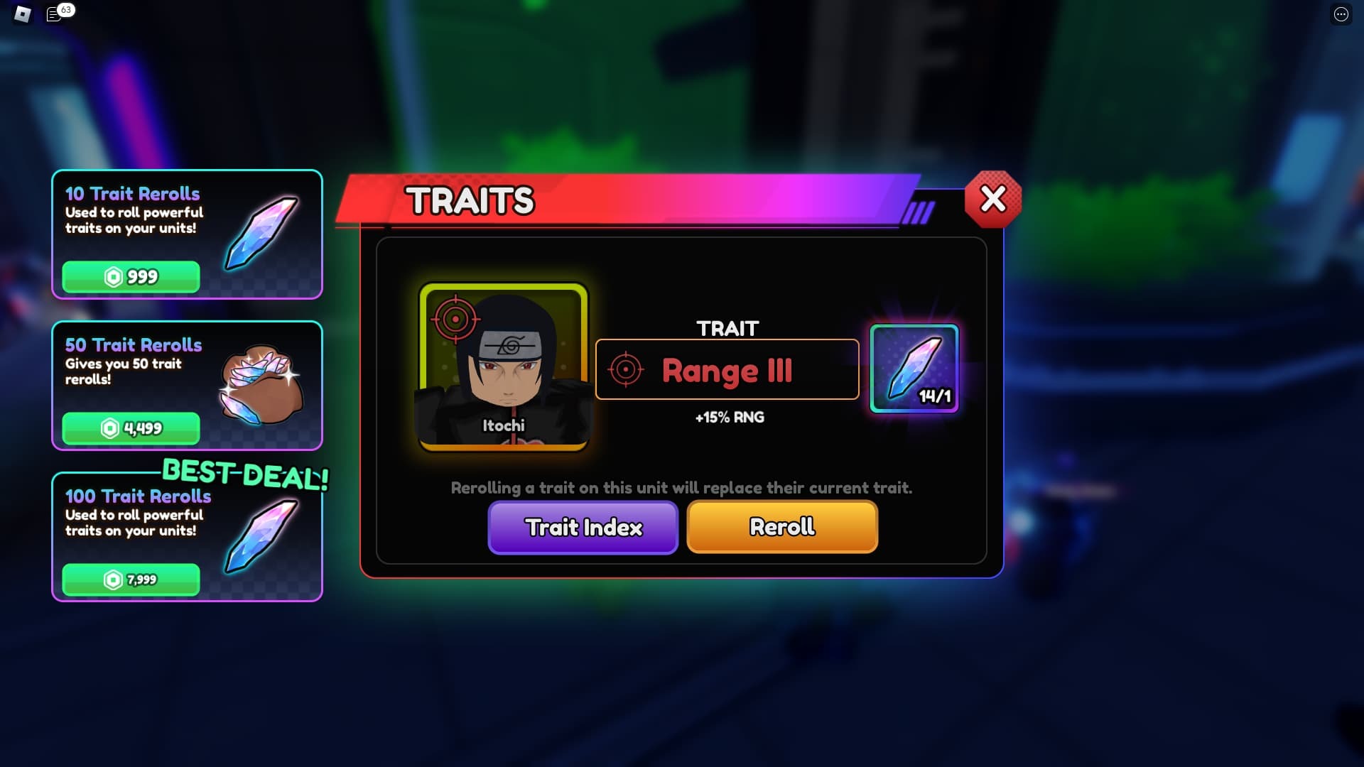 Anime Vanguard Trait reroll menu