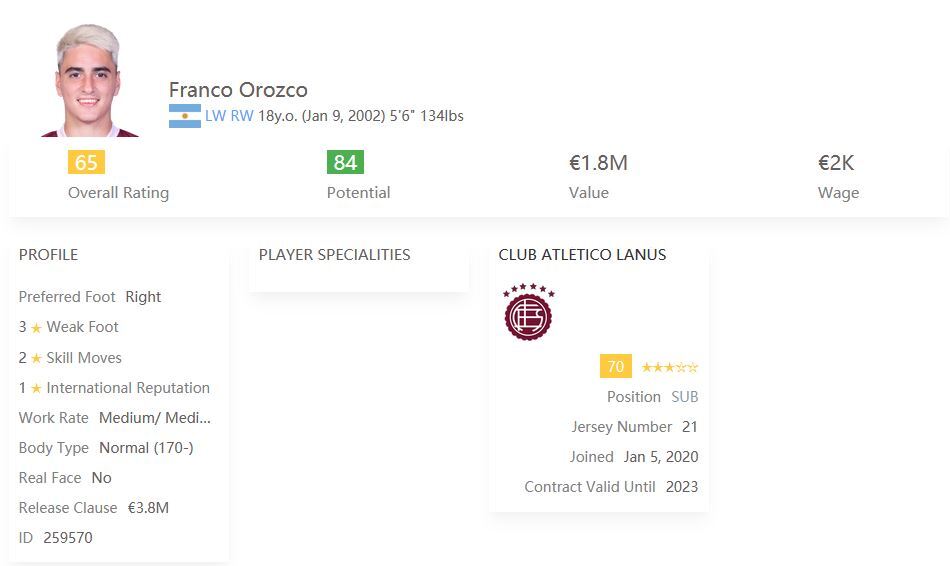 Cheap Striker FIFA 21 Franco Orozco ENG