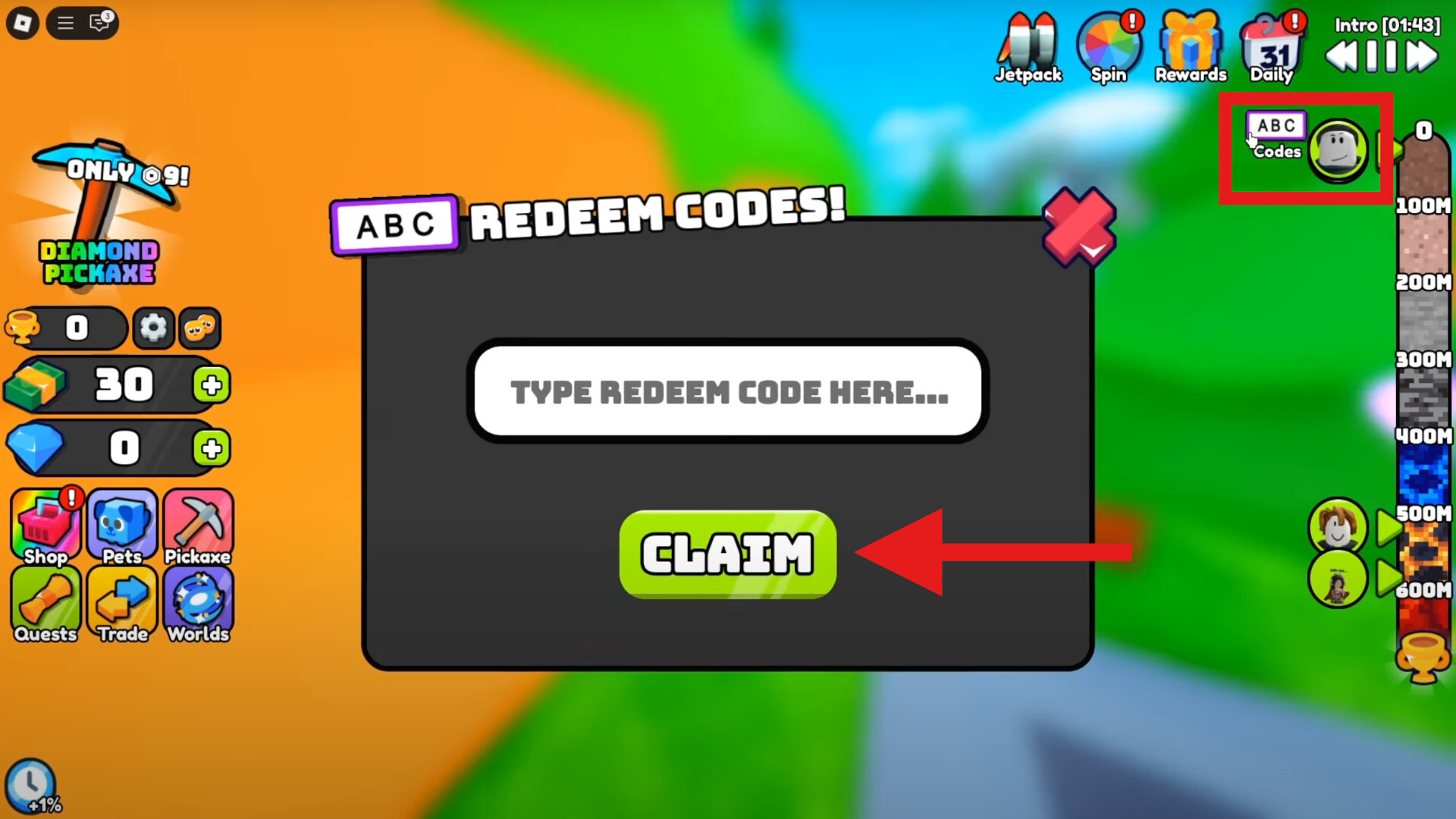 Code Redemption Menu Dig to Earths Core