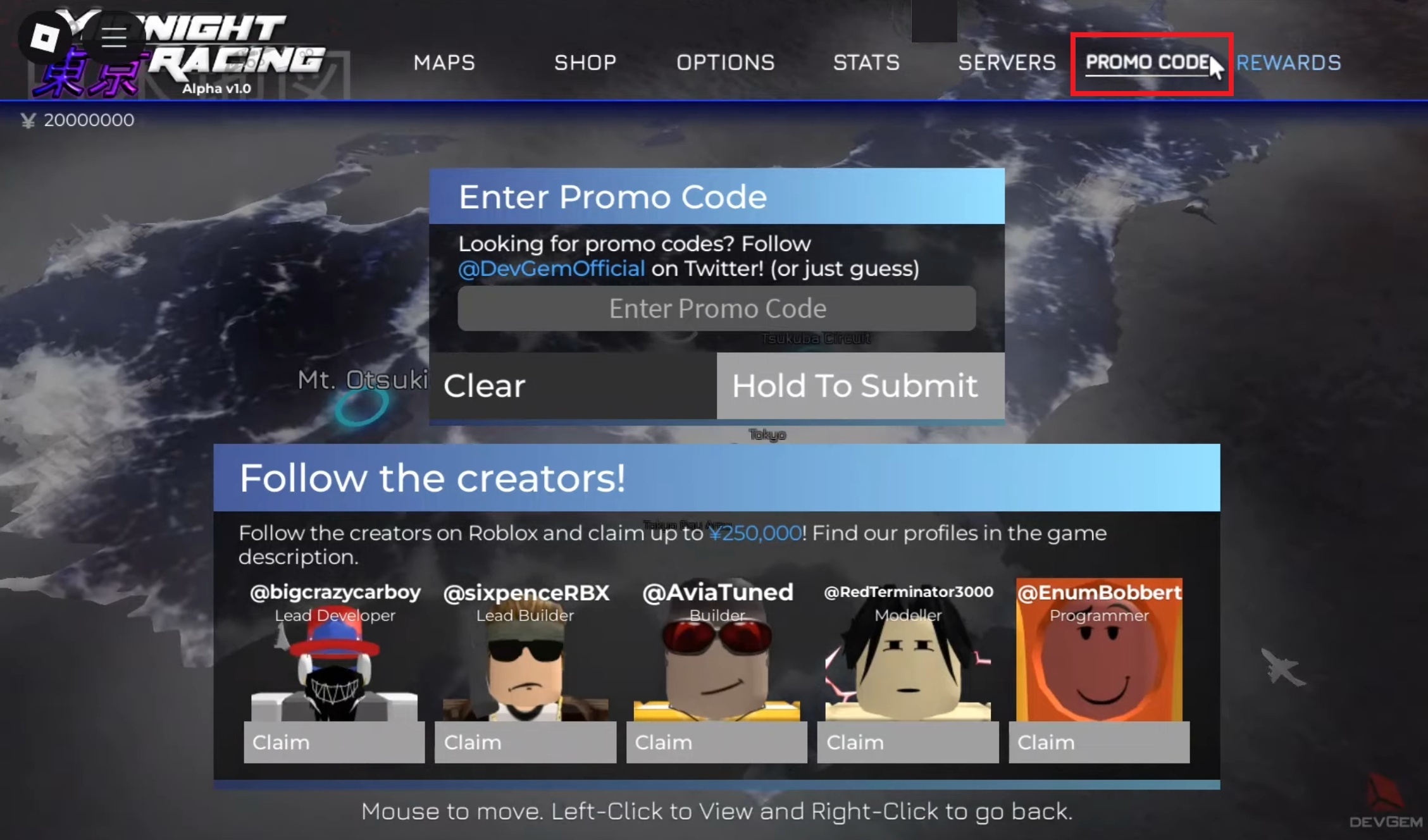 Code Redemption Menu Midnight Racing Tokyo