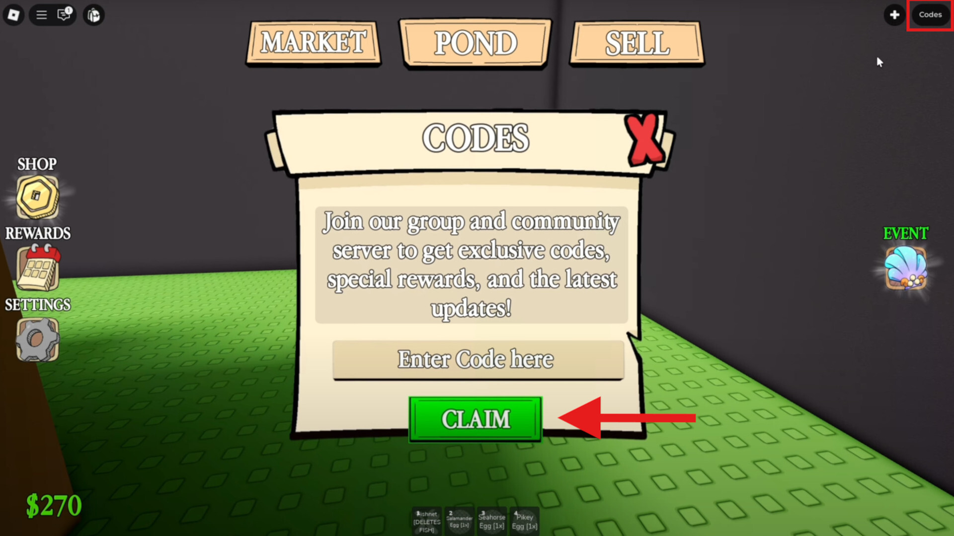 Code Redemption Menu Own a Fish Pond