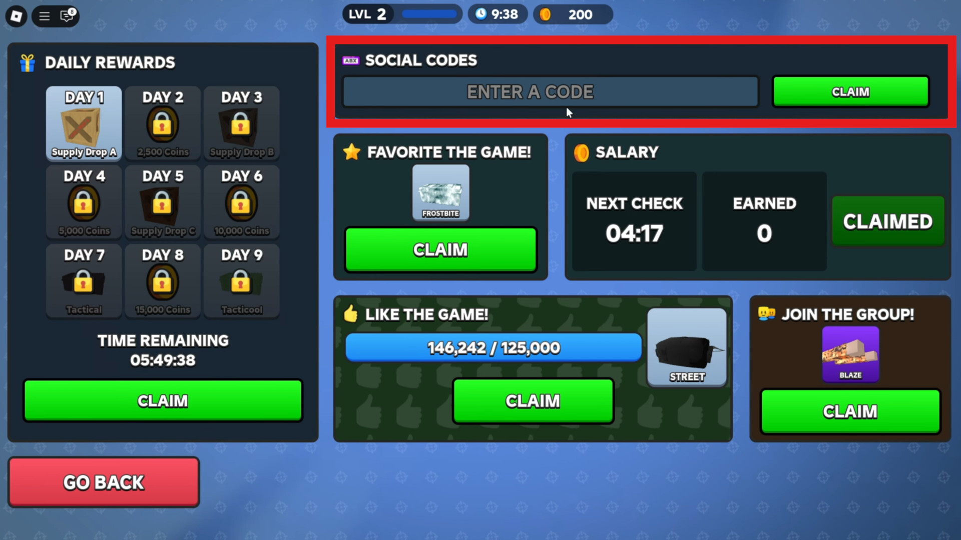 Code Redemption Menu in Robloxs Combat Arena