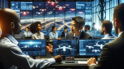 DALL E 2023 12 19 12 41 27 A manager for autonomous aerial vehicles working in a high tech control room overseeing a team of diverse experts The room is filled with multiple s