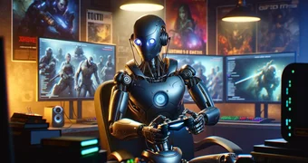 DALL E 2024 03 14 17 21 45 Adapt the previous scene to a 16 9 format focusing on depicting the AI a sleek futuristic robot with a metallic finish as a gamer with a few key c