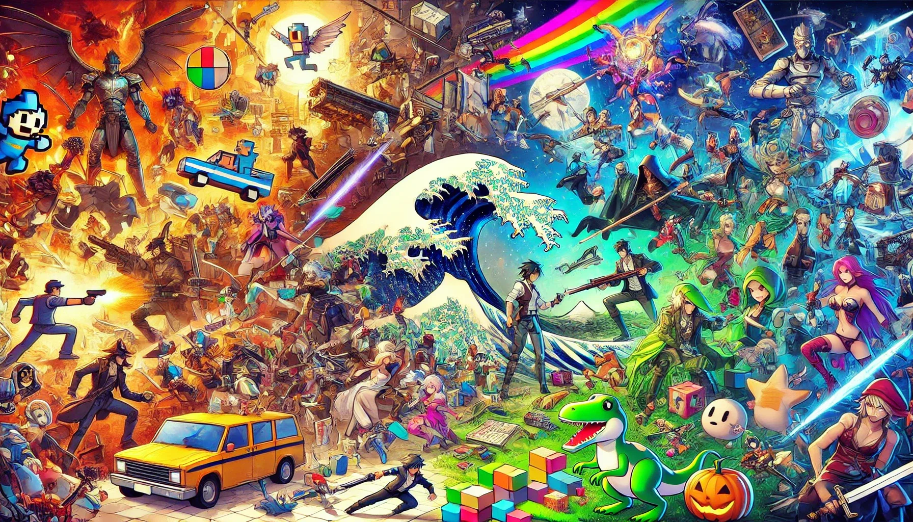 DALL E 2024 09 17 17 03 06 A vibrant collage image that showcases various art styles from different video games all colliding together in a dynamic composition Include element