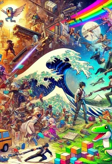 DALL E 2024 09 17 17 03 06 A vibrant collage image that showcases various art styles from different video games all colliding together in a dynamic composition Include element