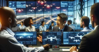 DALL E 2023 12 19 12 41 27 A manager for autonomous aerial vehicles working in a high tech control room overseeing a team of diverse experts The room is filled with multiple s