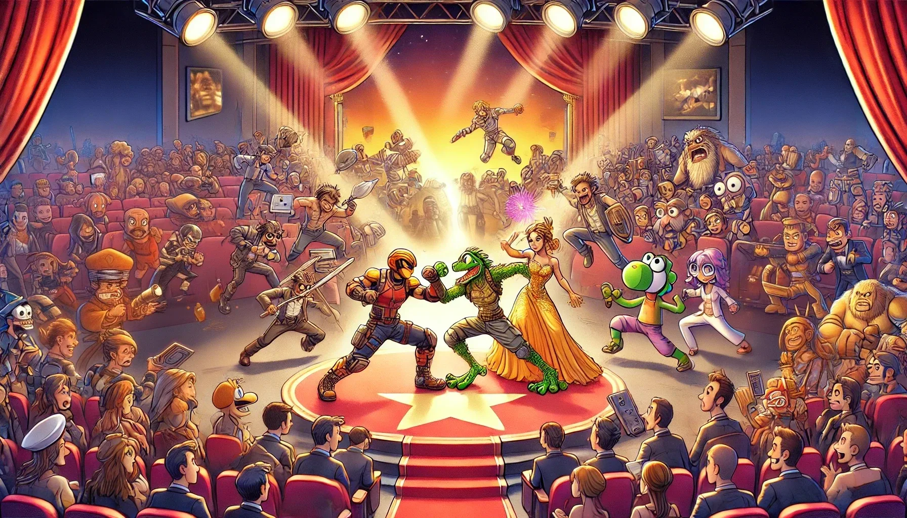 DALL E 2024 09 17 16 33 22 An animated style illustration showing a dynamic battle scene featuring a variety of video game characters and famous movie icons The scene is set on