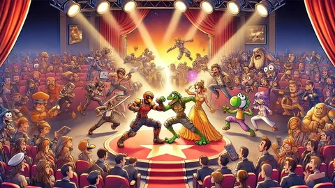 DALL E 2024 09 17 16 33 22 An animated style illustration showing a dynamic battle scene featuring a variety of video game characters and famous movie icons The scene is set on