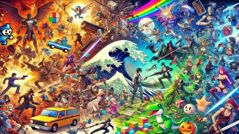 DALL E 2024 09 17 17 03 06 A vibrant collage image that showcases various art styles from different video games all colliding together in a dynamic composition Include element