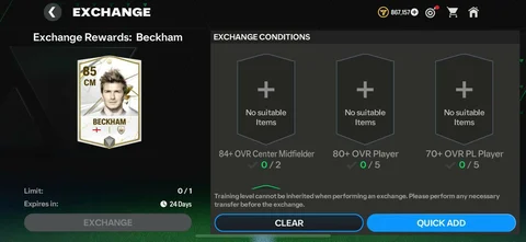 David Beckham SBC requirements fc mobile