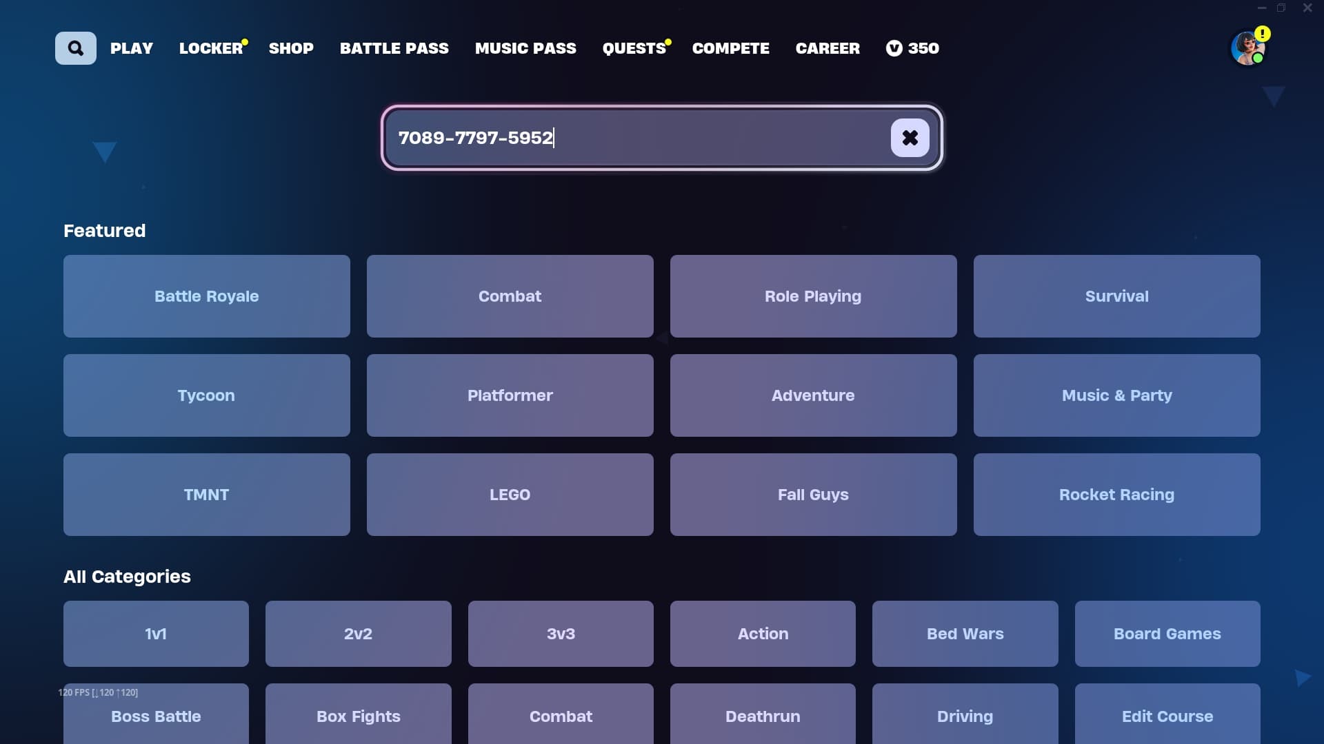 Fortnite map code and selection menu