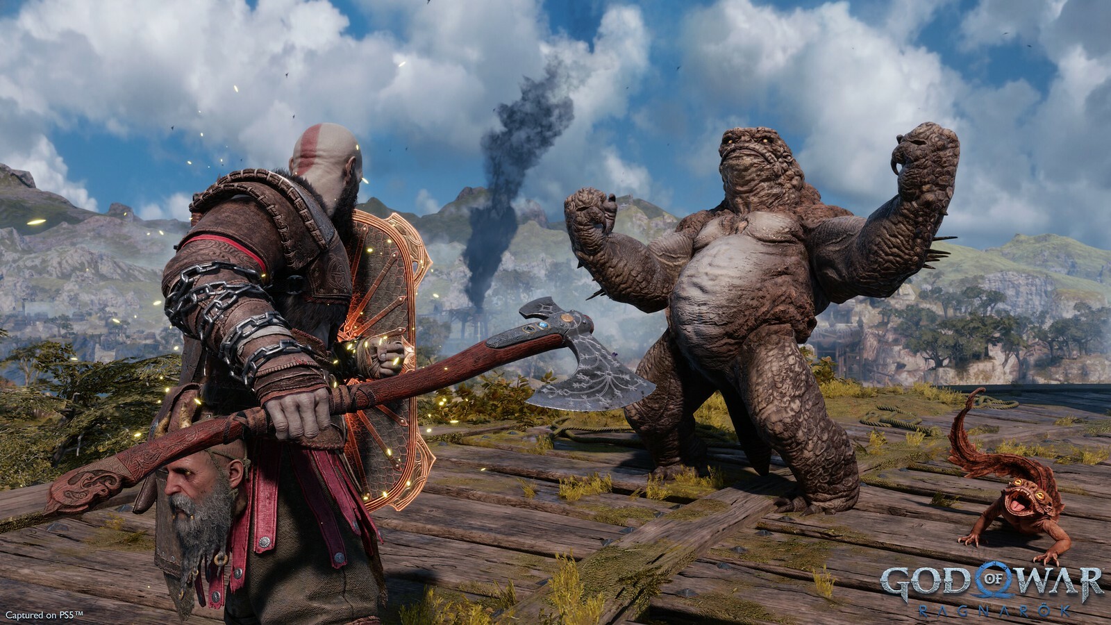 Kratos fighting a monster in God of War: Ragnarök
