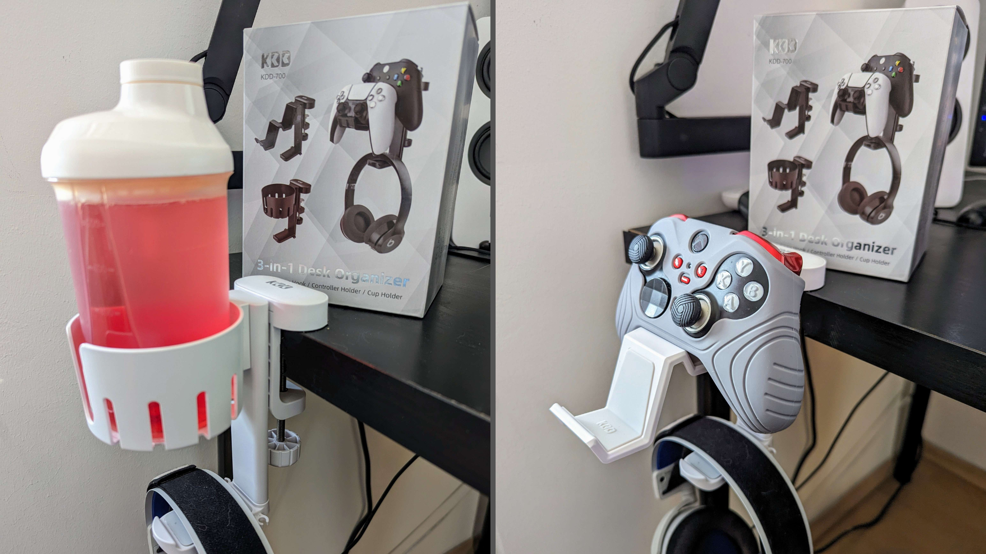 Headset holder in practical test with controller and drink holder.