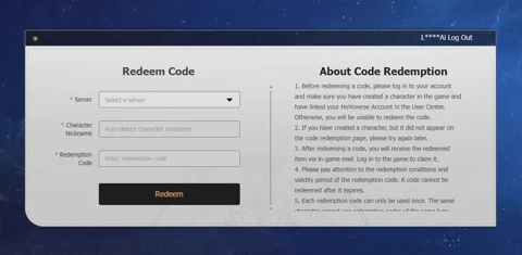 Honkai Star Rail Code Redeem page