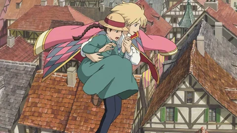 Howls Moving Castle soaring above town
