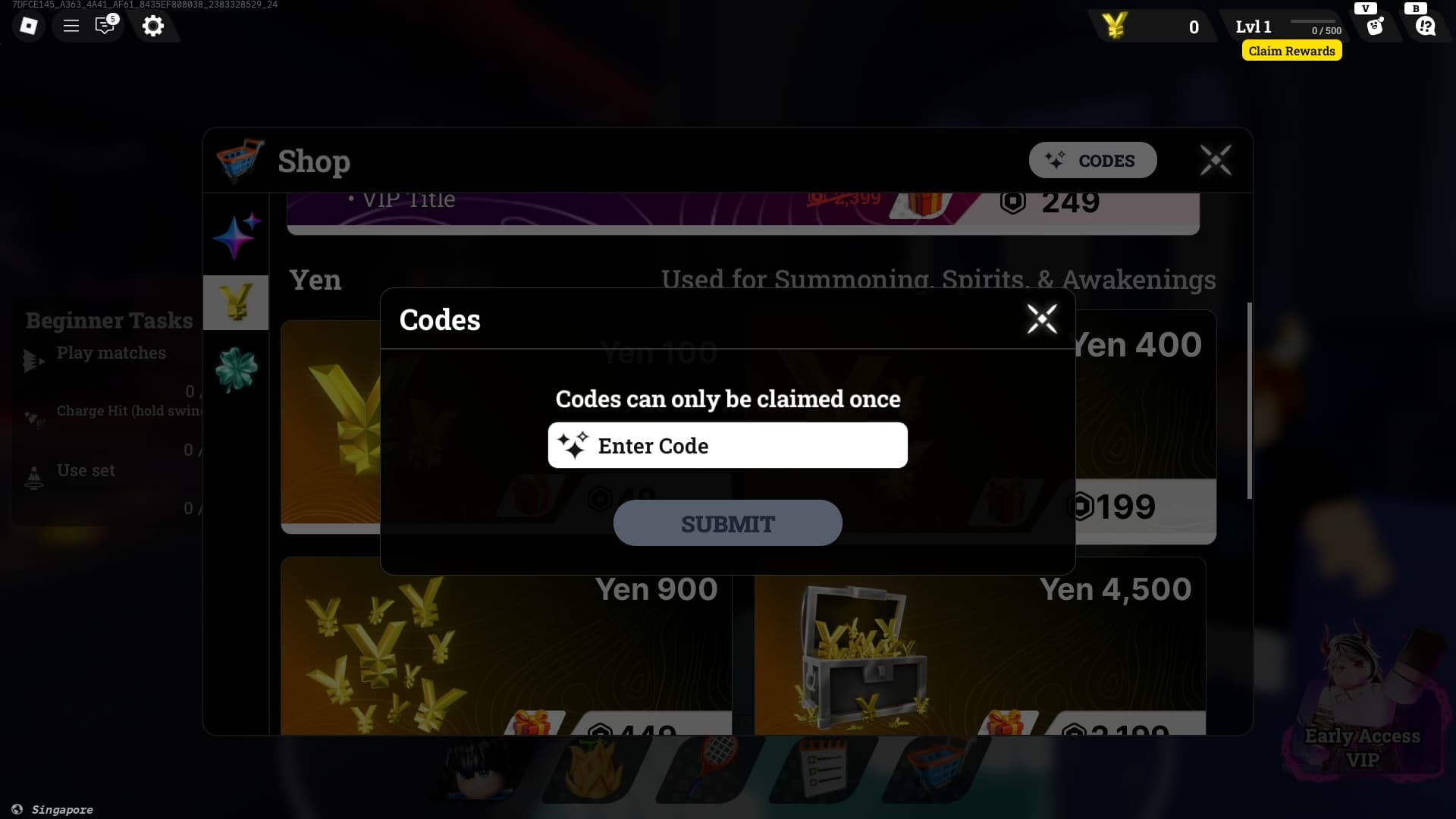 Racket Rivals Codes menu