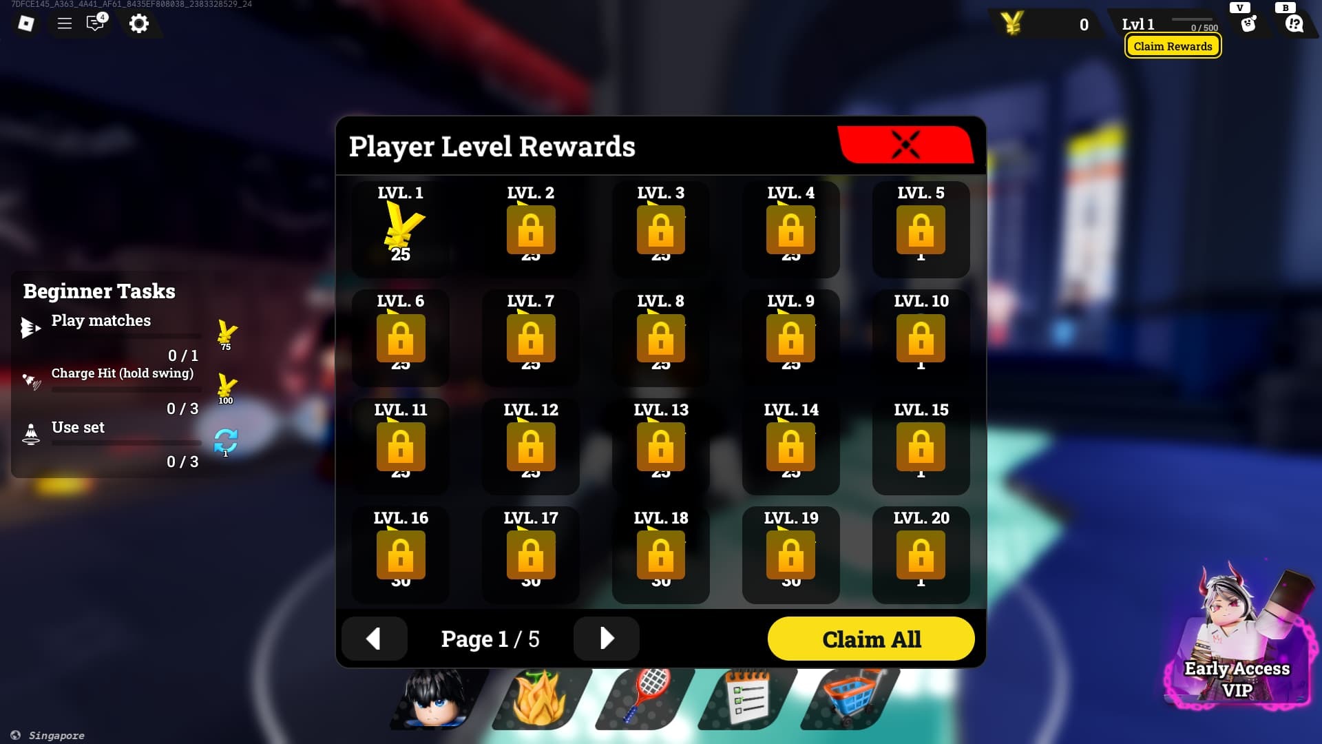 Racket Rivals Player Level Rewards