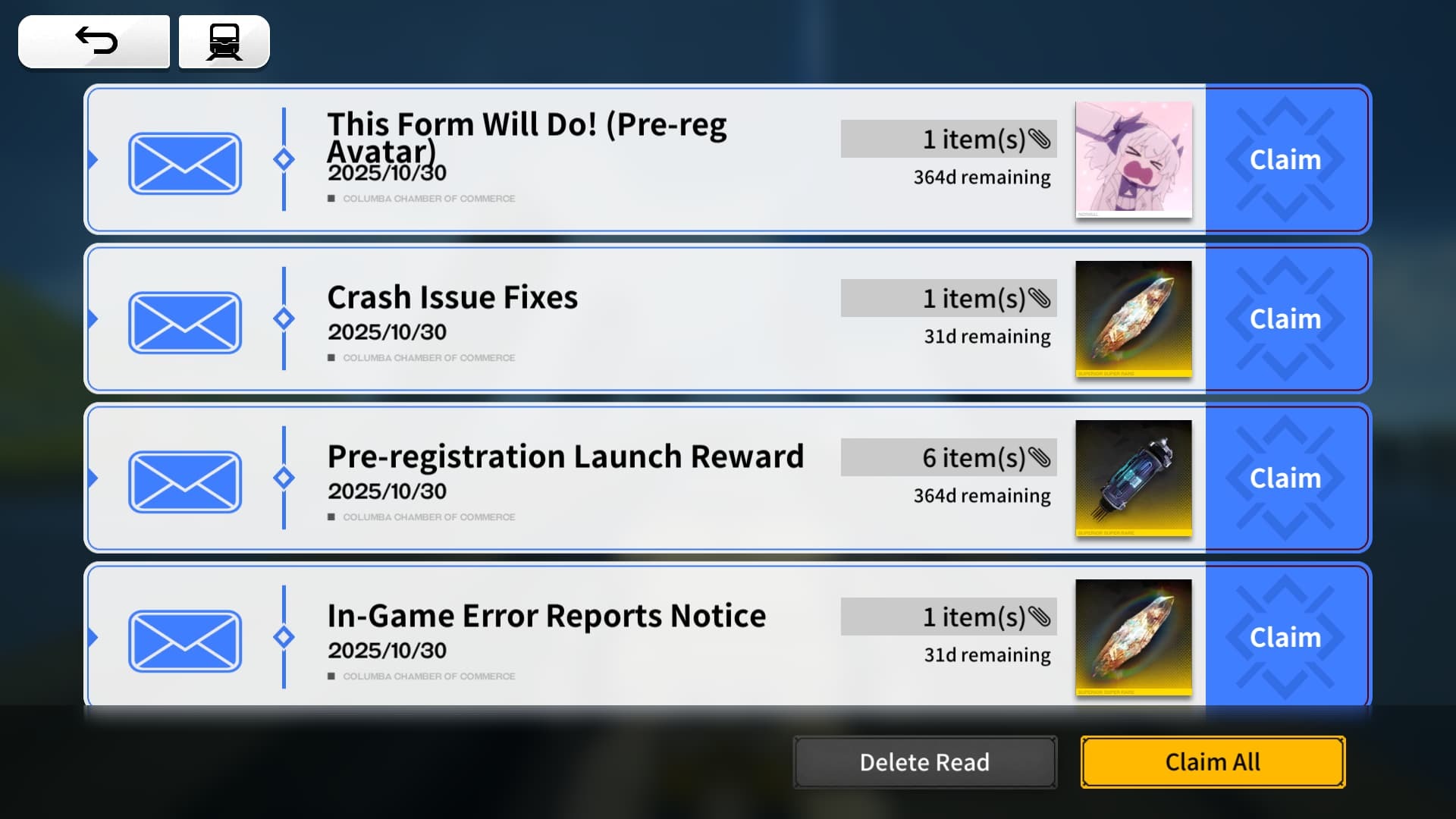 Resonance Solstice Rewards in Mail