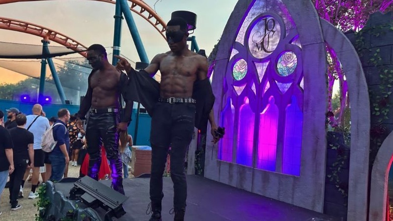 Gothic garden scare zone set in front of a roller coaster at SeaWorld Orlando