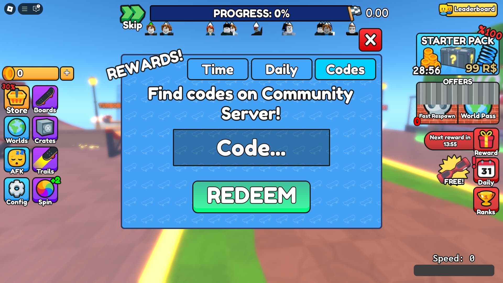 Skateboard Obby how to redeem codes