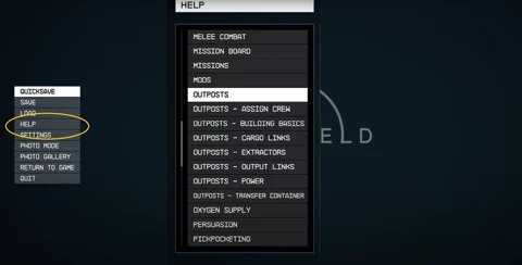 Starfield Help Menu