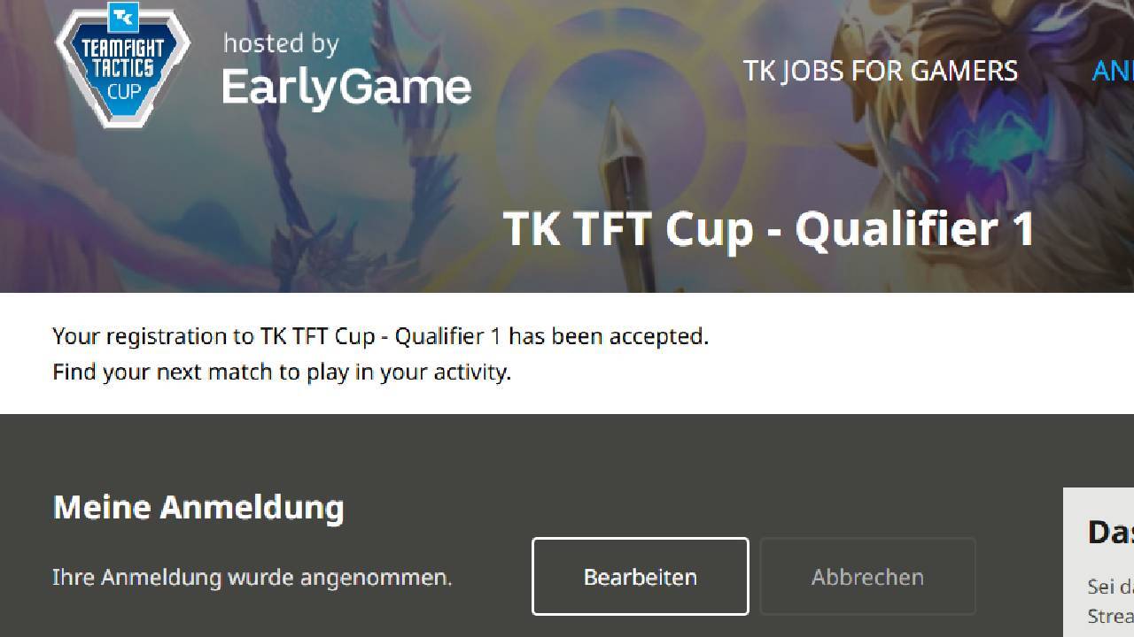 TFT Cup erfolgreiche Anmeldung