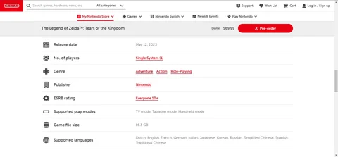 Zelda Tears of the Kingdom File Size 16 GB