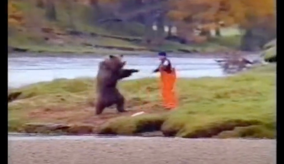 A man fighting over a fish with bear