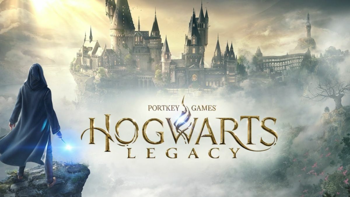 Hogwarts Legacy keyart showing a wizard looking at Hogwarts on the horizon