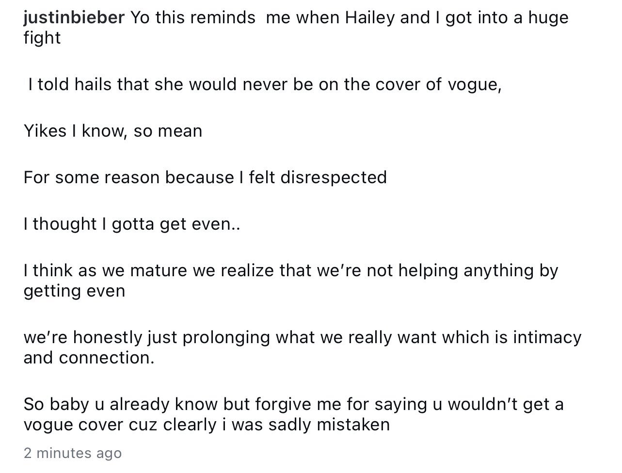 Justin bieber ig post zu hailey