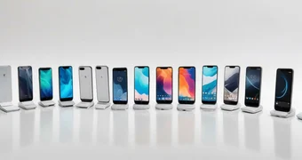 Pikaso texttoimage white background and 10 smartphones standing in a