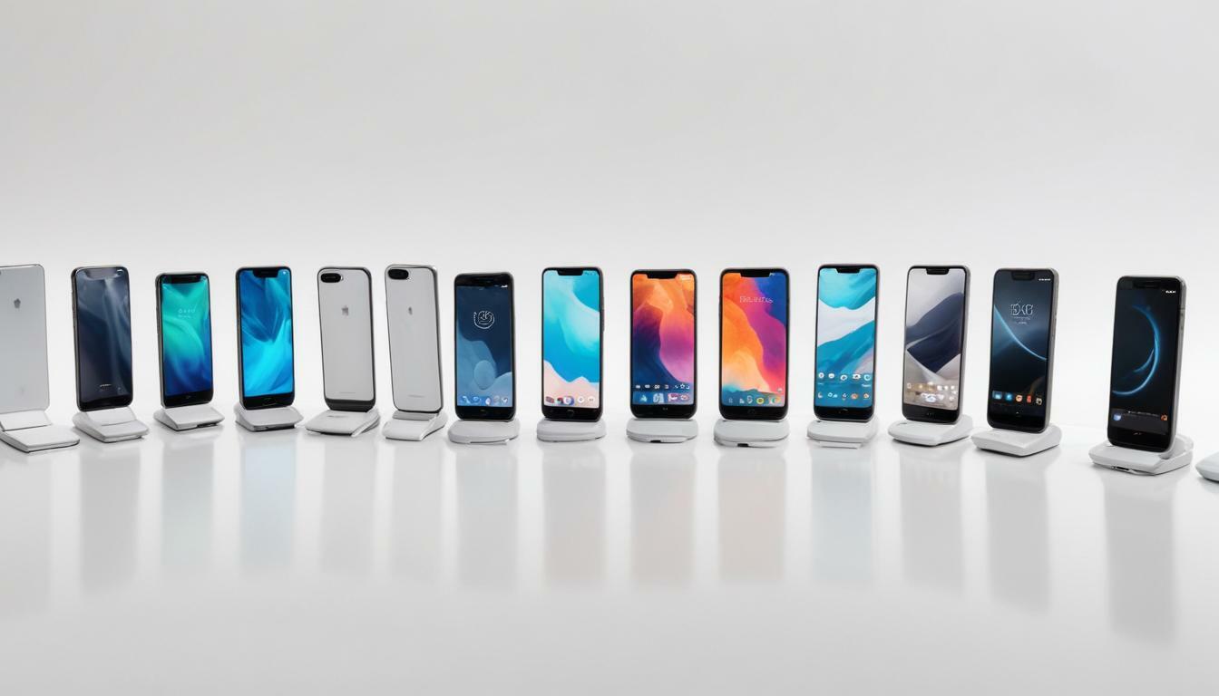 Pikaso texttoimage white background and 10 smartphones standing in a