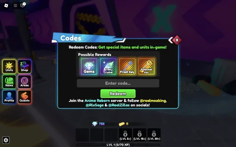 Redeem codes in Anime Reborn