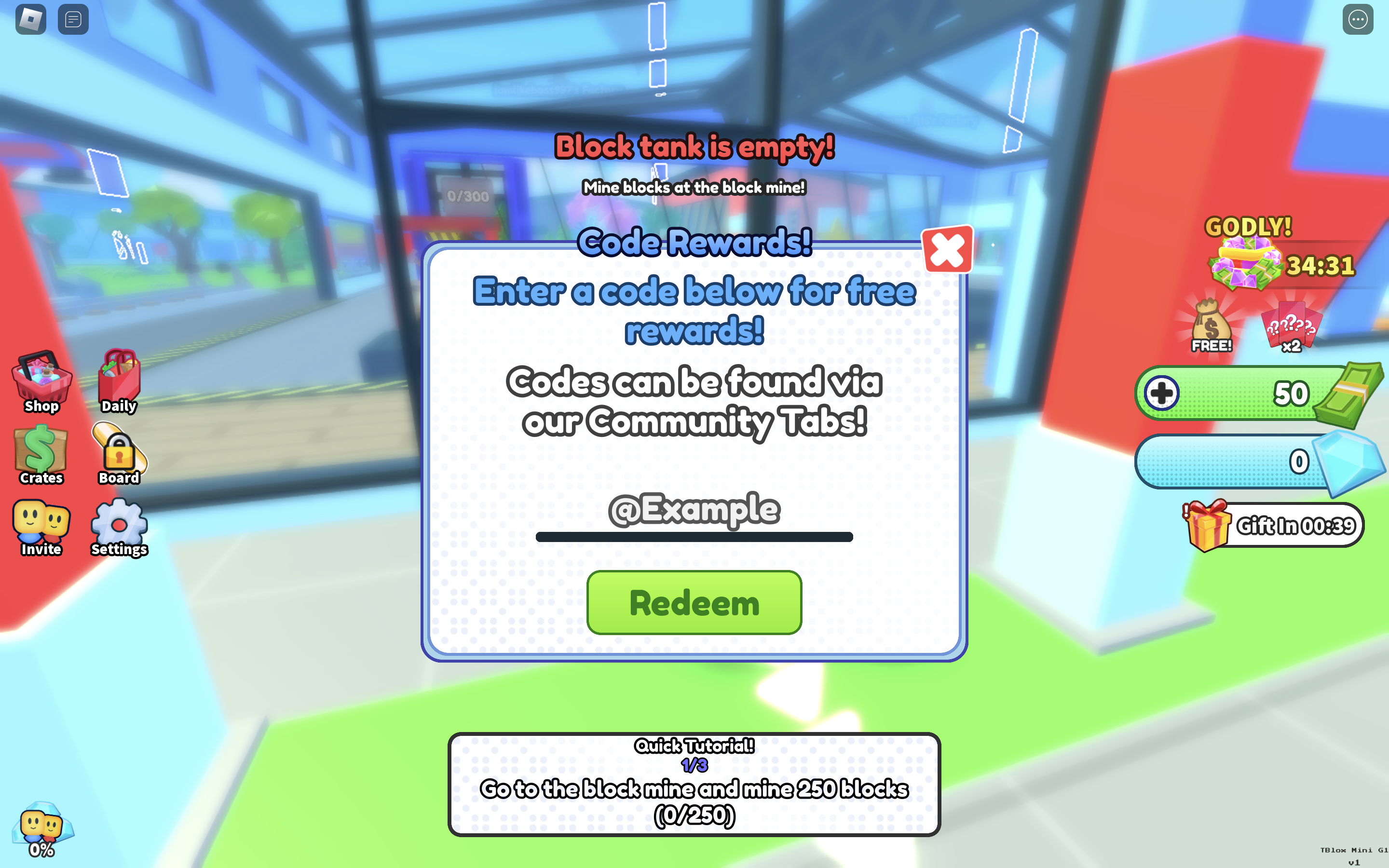 Redeem codes in Build A Factory