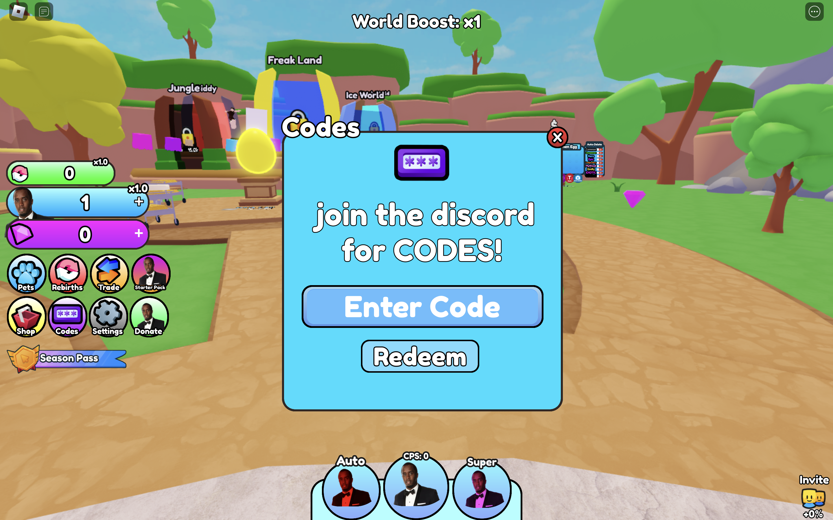 Redeem codes in Diddy Simulator