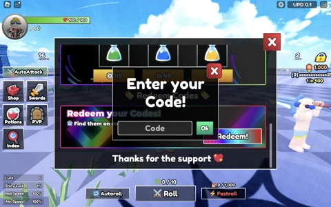 Redeem codes in Dungeon RNG