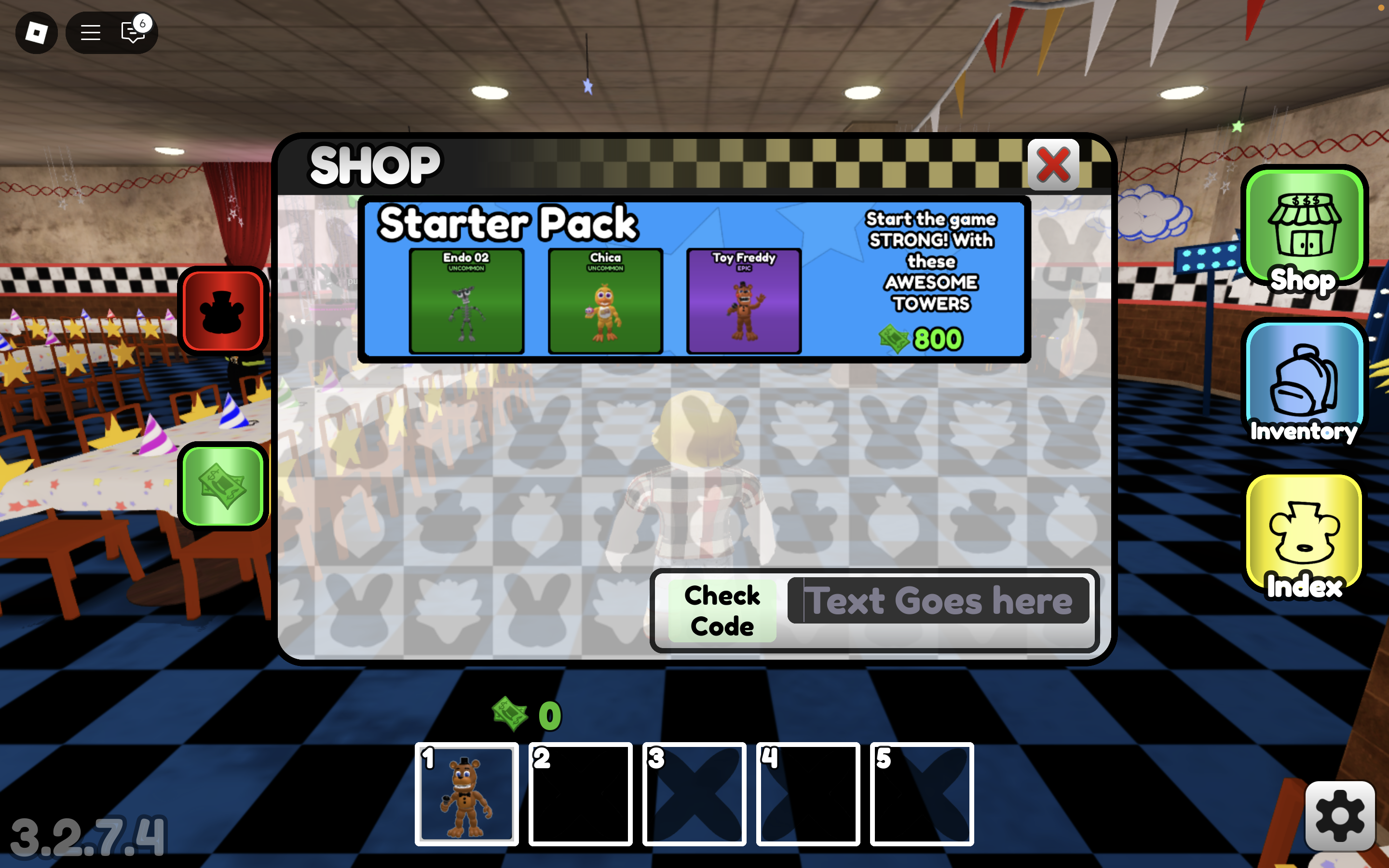 Redeem codes in Fazbear World Tower Defense