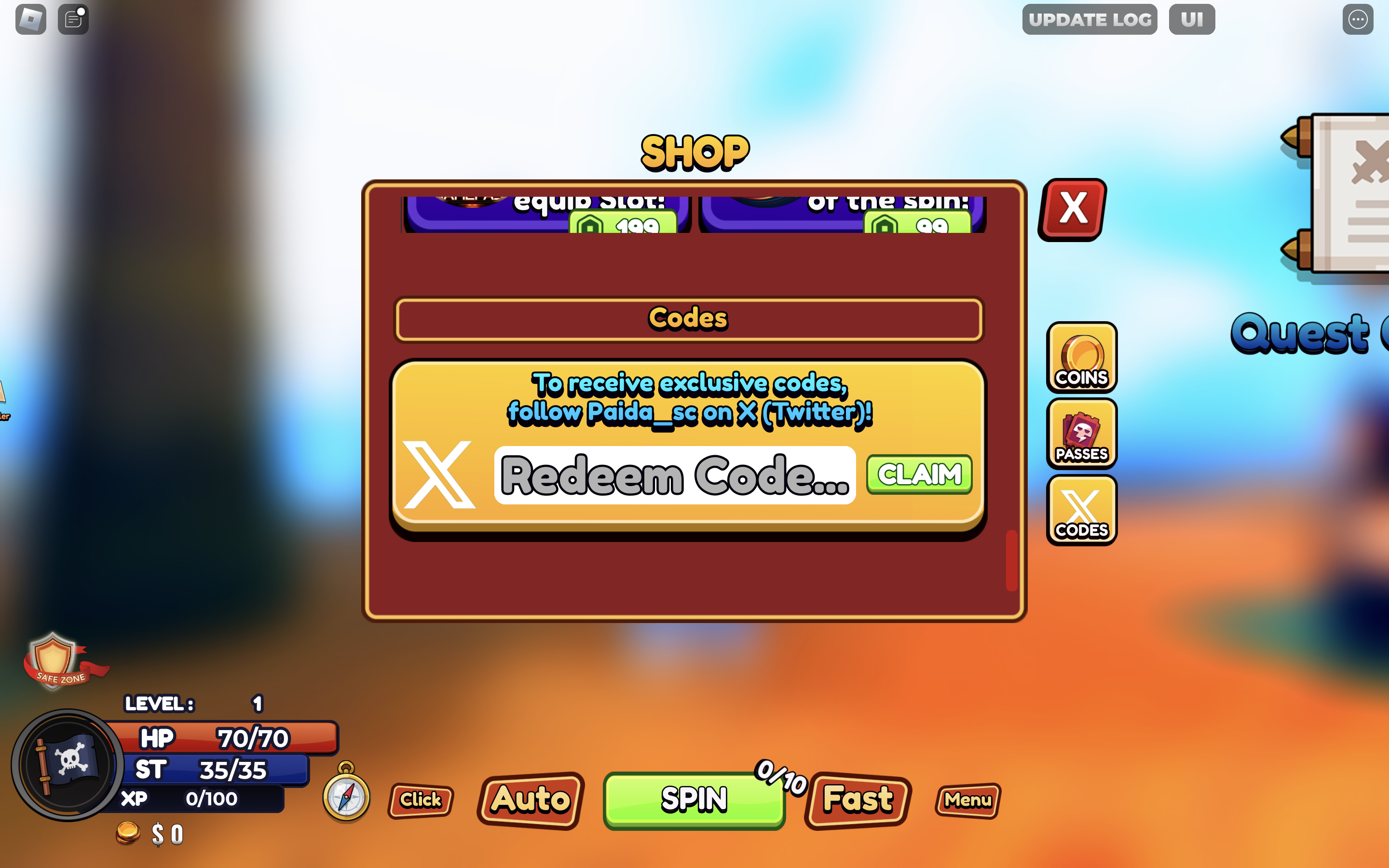 Redeem codes in Piece RPG Simulator