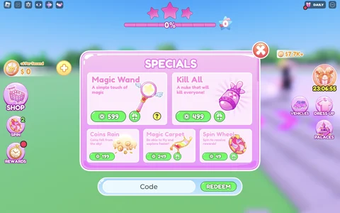 Redeem codes in Pink Palace Tycoon