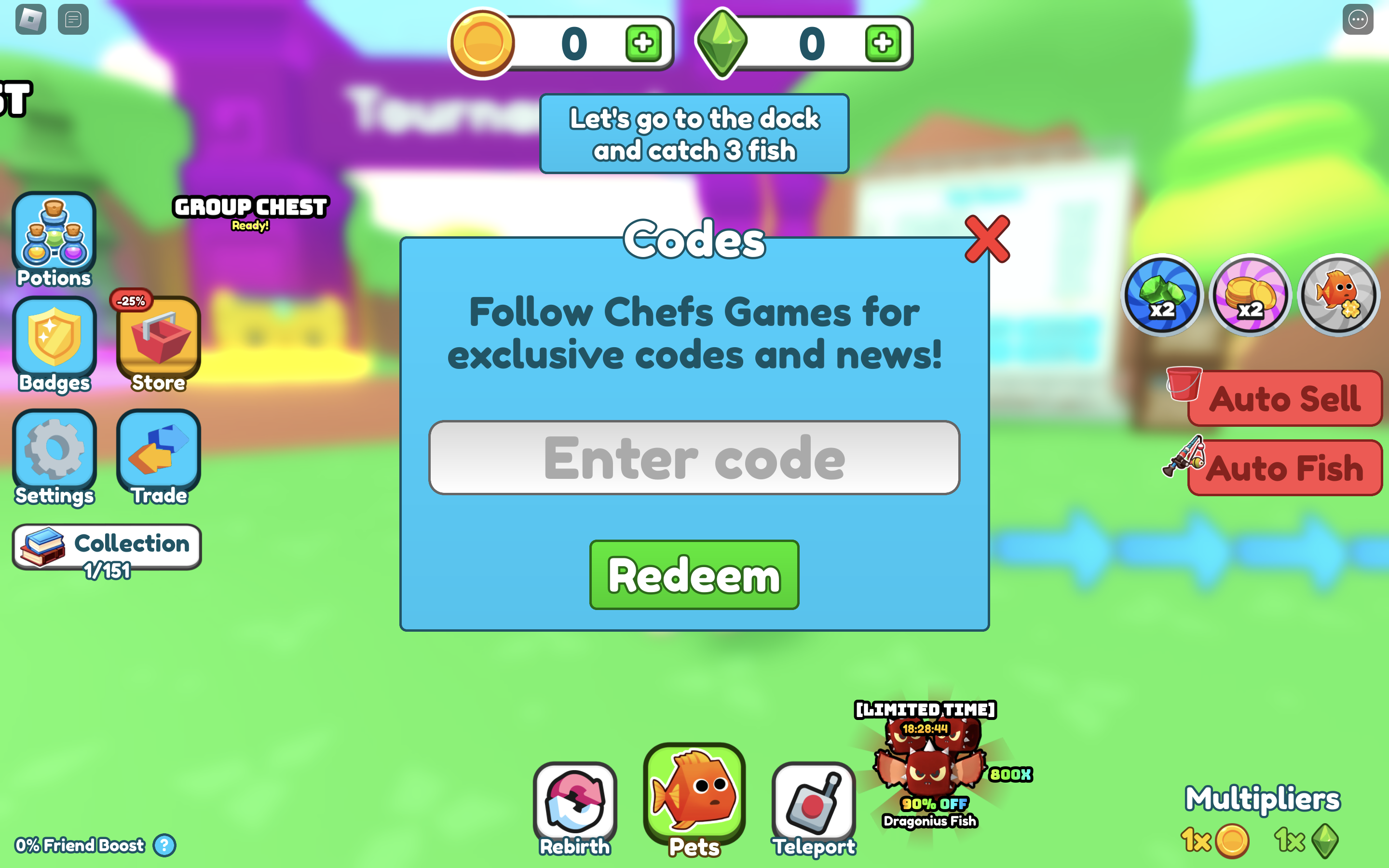 Redeem codes in Ultimate Fishing Simulator