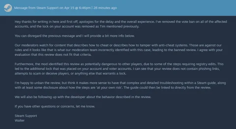 Steam support answer