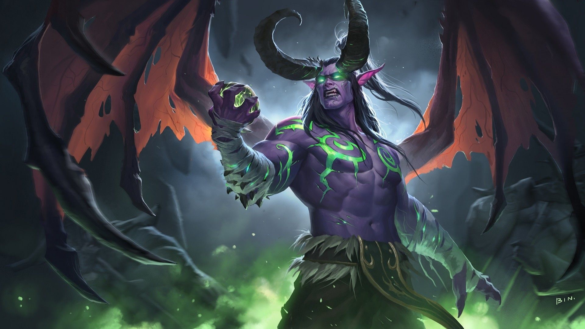 Illidan from World of Warcraft in his demon form, raising his right hand